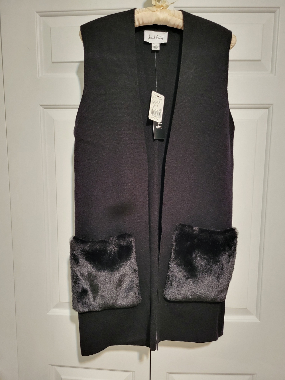Joseph Ribkoff Black Sleeveless Vest with Faux Fur Pockets